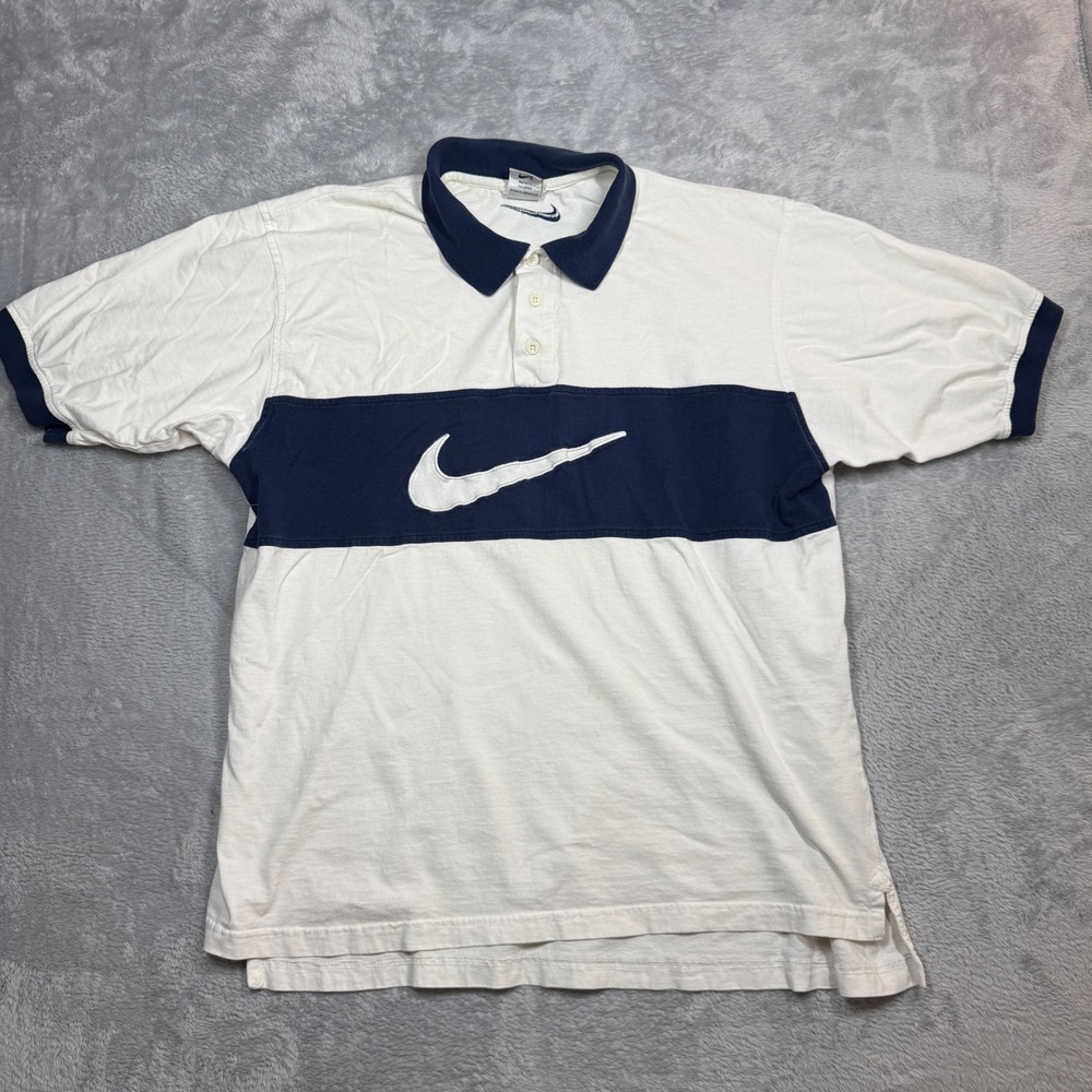 Vintage Nike Polo Shirt Mens XL White Navy Center Big Swoosh Colorblock 90s